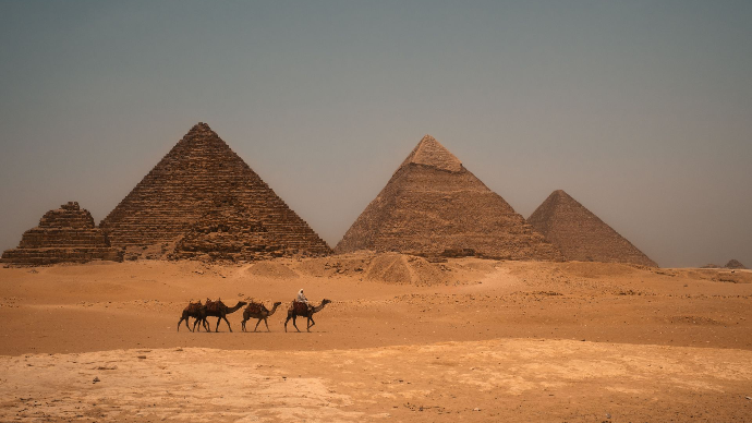 Les pyramides Egypte. Devant elles on aperçoit 3 chameaux