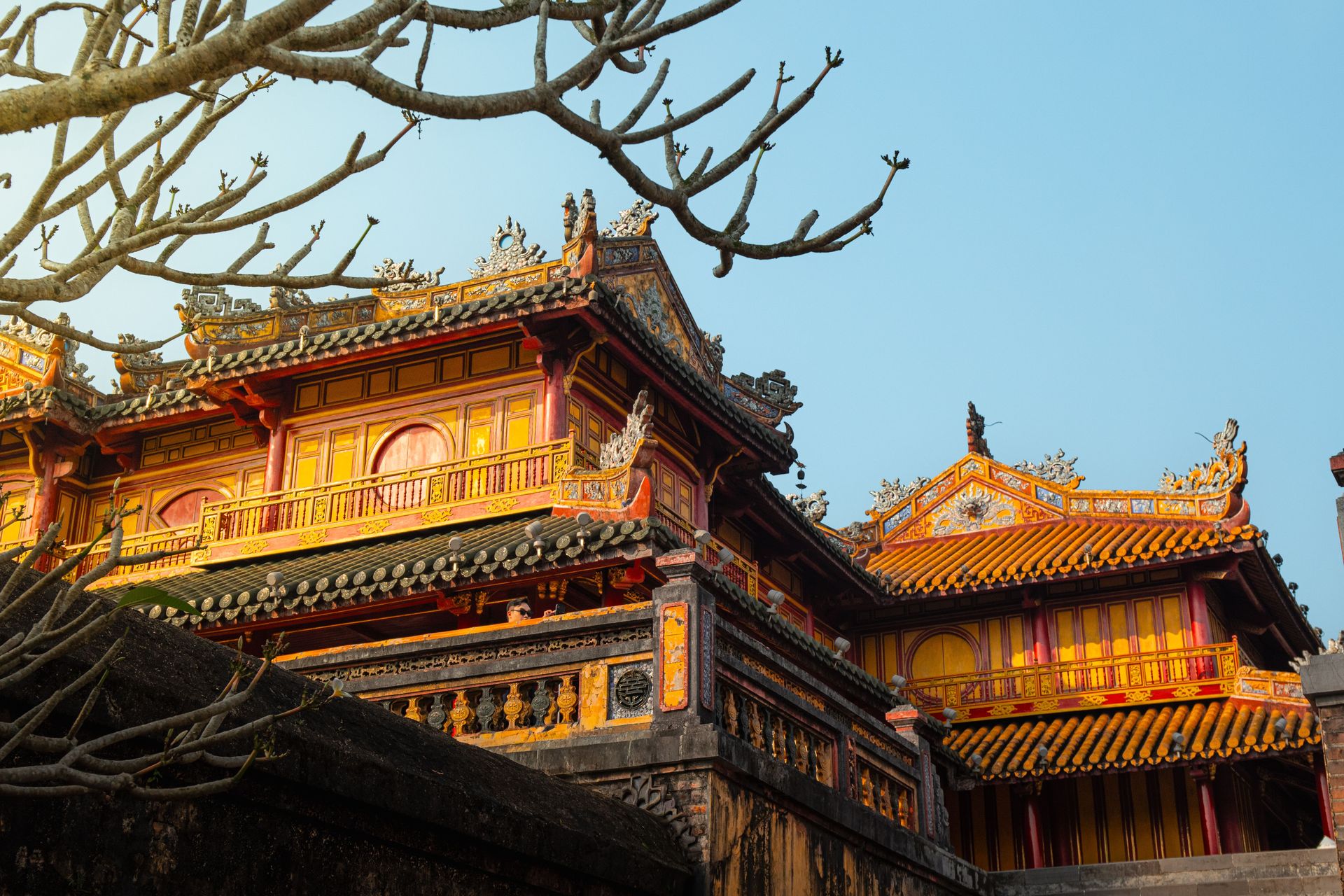 Une image saisissante de l'architecture colorée de la Cité impériale de Hué au Vietnam, mettant en valeur ses détails ornementaux et son design historique.