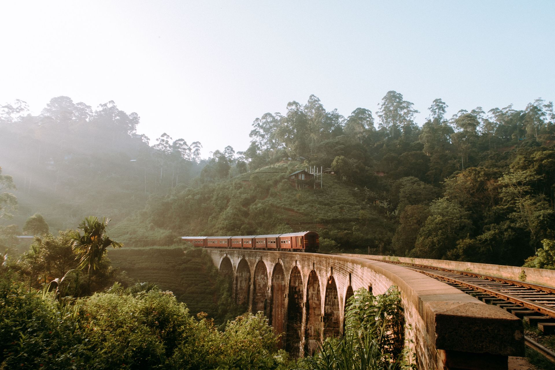 Vue pittoresque du Pont des Neuf Arcades avec un train passant à travers une verdure luxuriante de Ella au Sri Lanka.