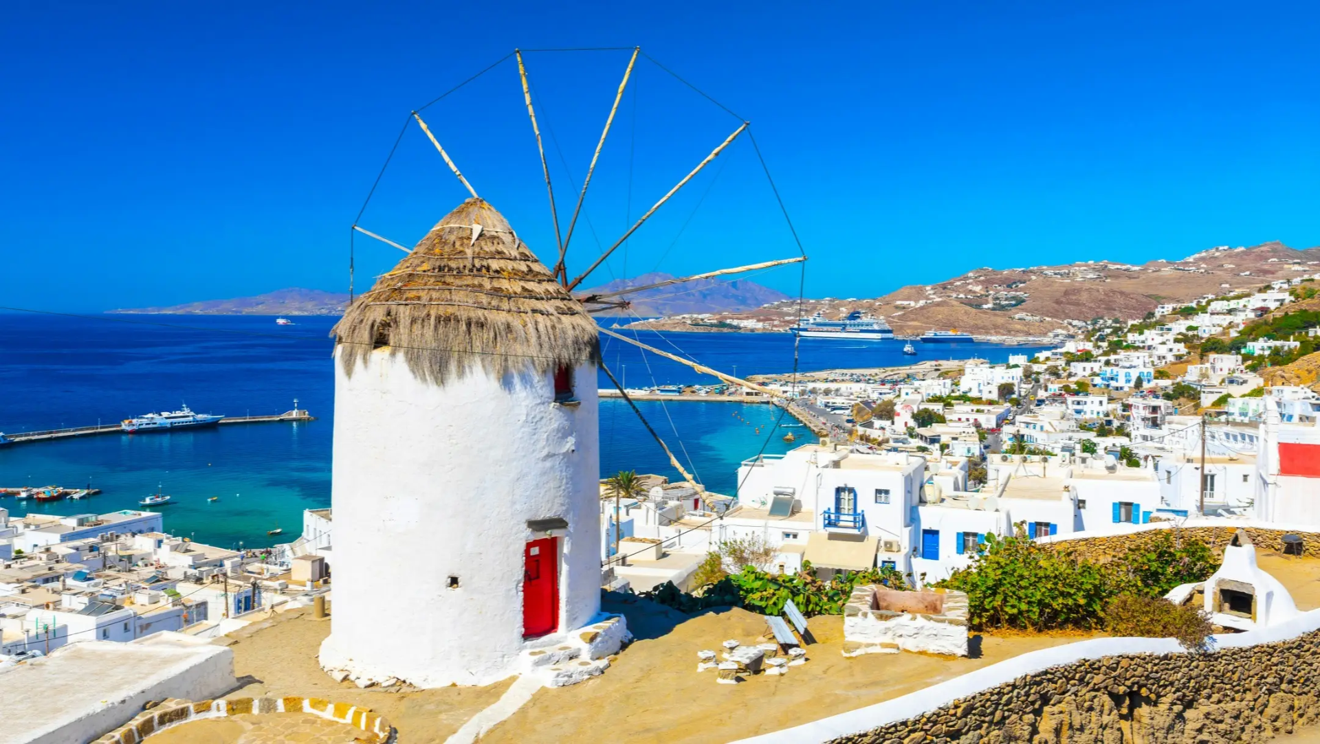 Vue panoramique de la ville de Mykonos, îles de Cyclades, Grèce