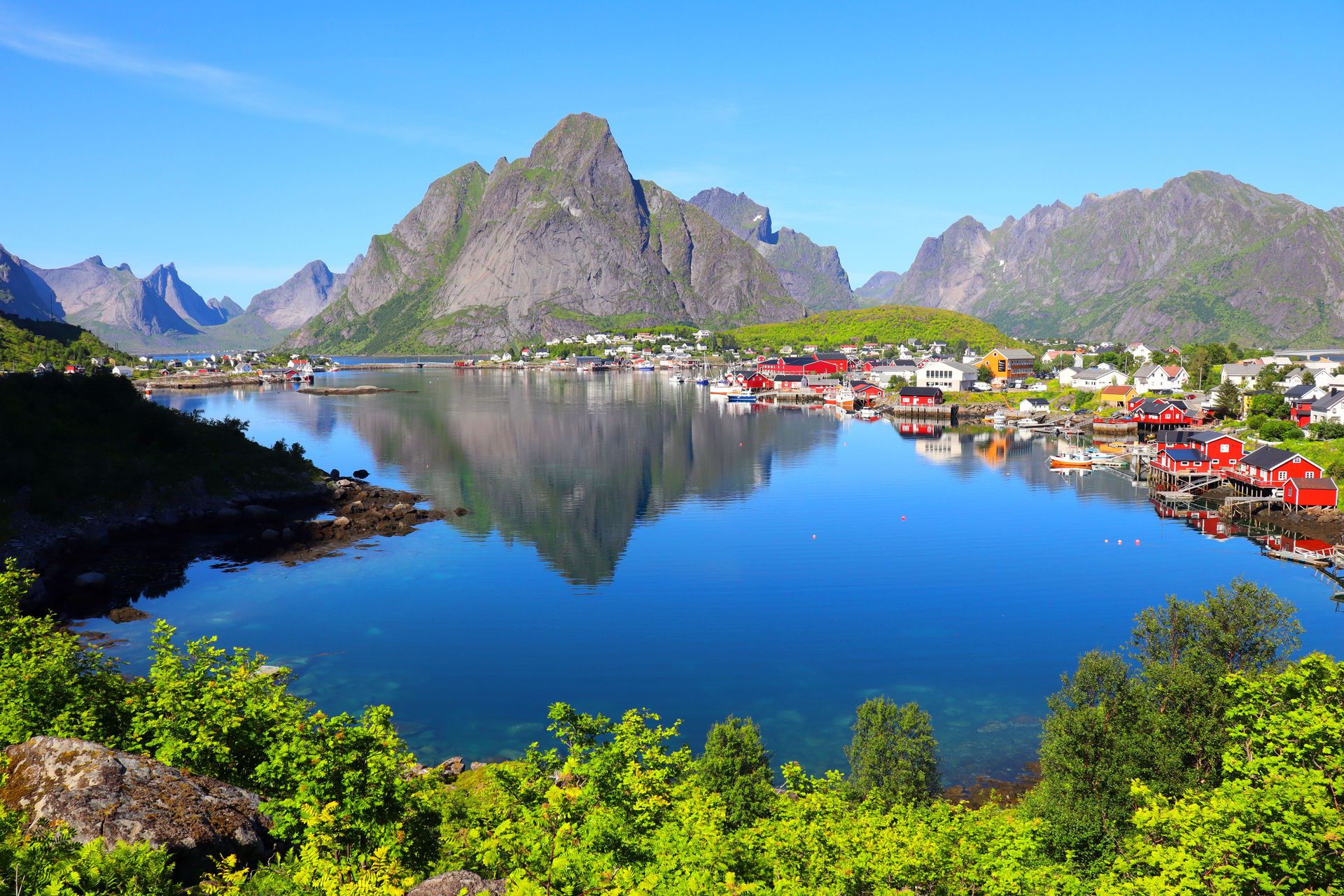 Paysage pittoresque des îles Lofoten avec un ciel bleu clair et des reflets sur l'eau.